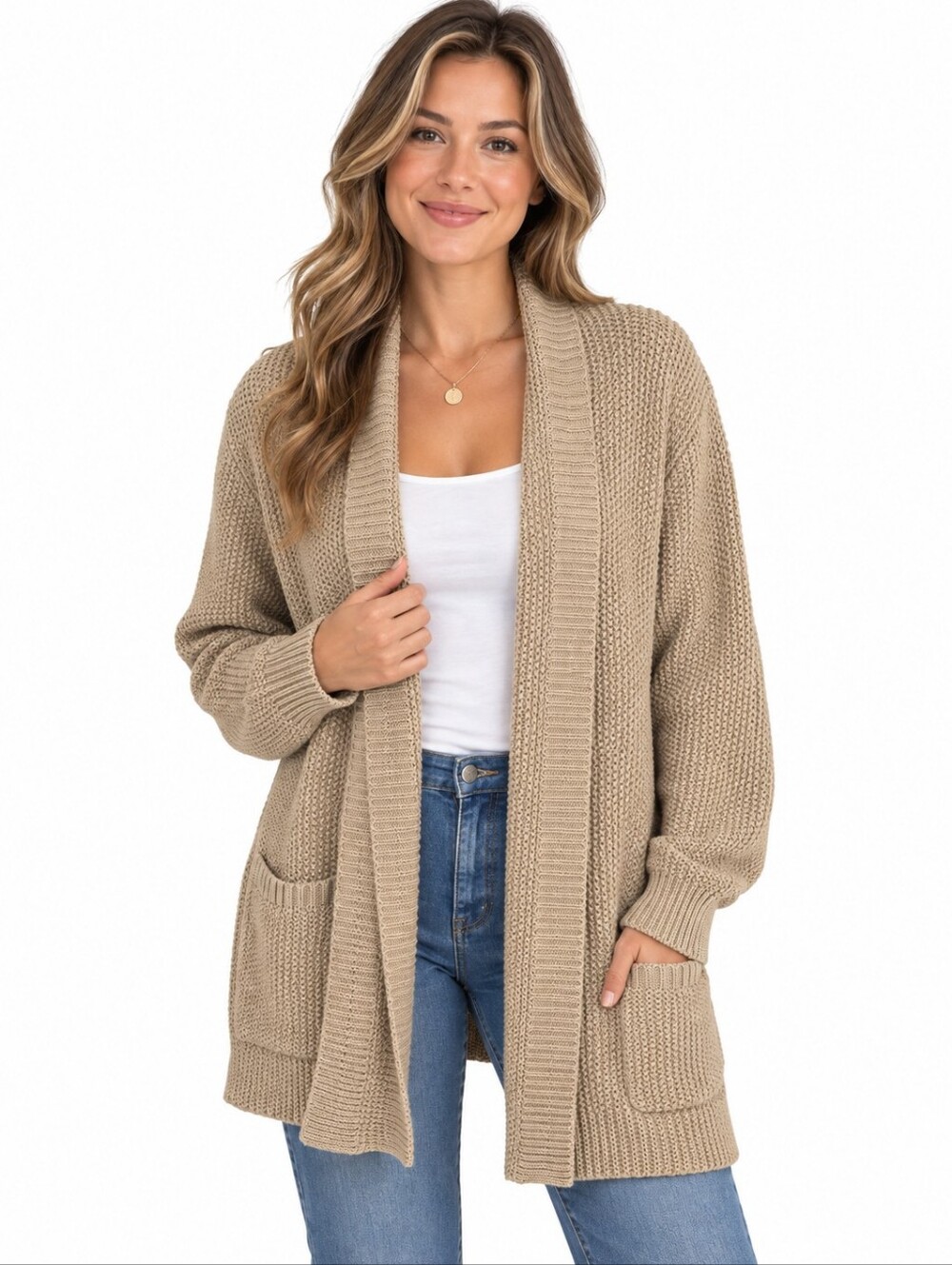 Cloth by RD Chunky Knit Open Front Cardigan Sweater Beige Tan L/G